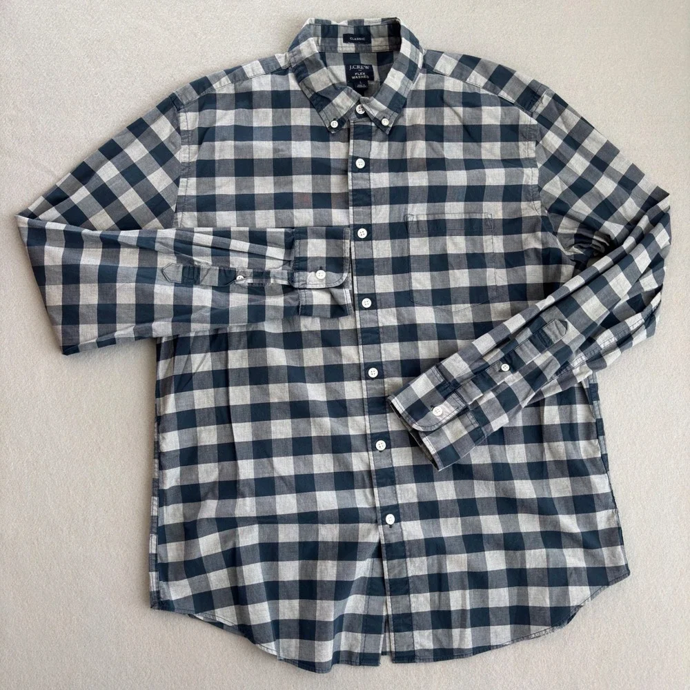 J. Crew Mens Large Flex Washed Classic Fit Navy Grey Gingham Button Down Shirt
